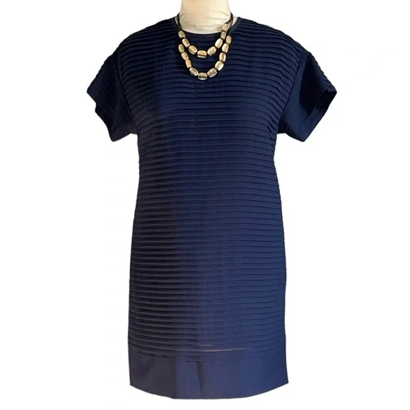 J. Crew | Dresses | J Crew Navy Short Sleeve Pin Tuck Pleated Chiffon Fully  Lined Shift Dress Size6 | Poshmark
